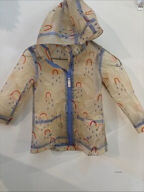 Cat & Jack Cream Hooded Raincoat with Rainbow and Blue Trim